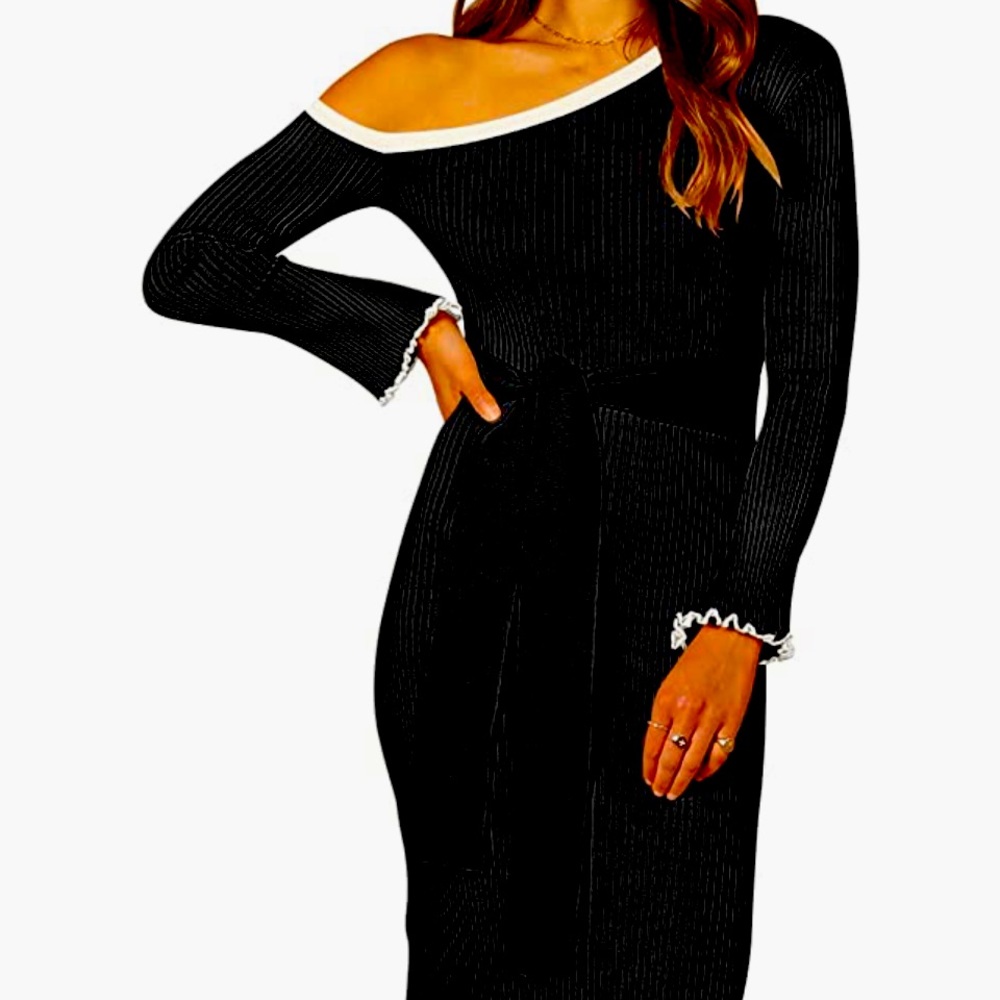 Women’s size large black midi off shoulder sweater dress. Slim fit. New in pkg.